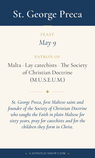 Saint George Preca holy card  with feast day, patronage, and prayer