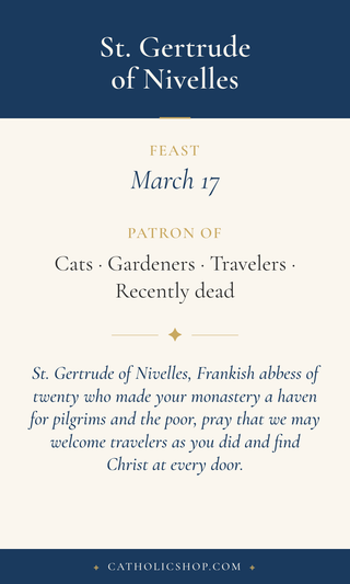Saint Gertrude of Nivelles holy card  with feast day, patronage, and prayer
