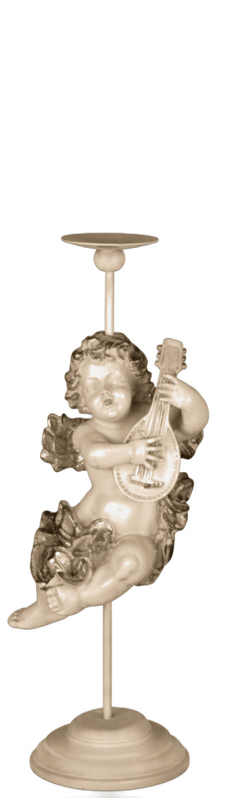 Cherub Mandolin Candleholder Statue - 17-inch