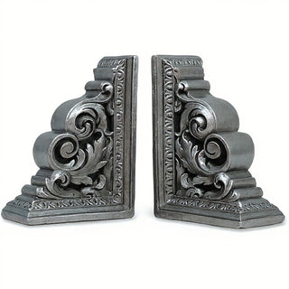 Carved Scroll Bookends — Aged Silver finish
