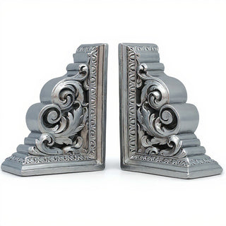 Carved Scroll Bookends — Silver finish