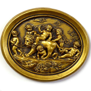 Cherubs Playing with Lion Wall Plaque — Antique Gold finish