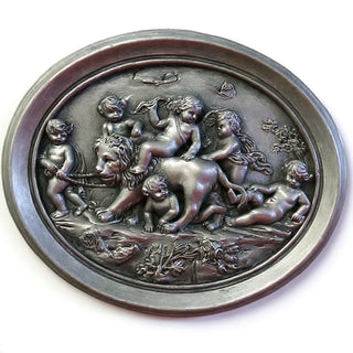 Cherubs Playing with Lion Wall Plaque — Aged Silver finish
