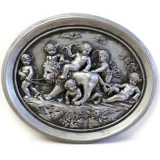 Cherubs Playing with Lion Wall Plaque — Antique Silver finish