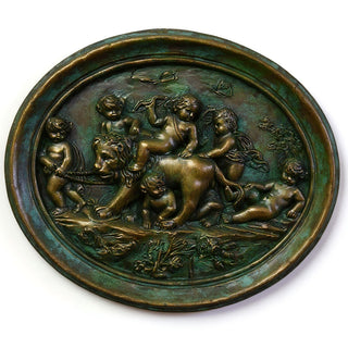 Cherubs Playing with Lion Wall Plaque — Green Bronze finish