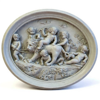 Cherubs Playing with Lion Wall Plaque — Limestone finish