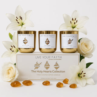 The Holy Hearts Collection - Set of 3 Gold Scented Votive Prayer Candles
