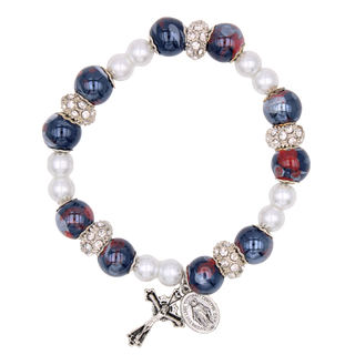 4-Pack - 6 mm Faux Pearl and Imitation Dark Blue and Red Marble Beads Bracelet