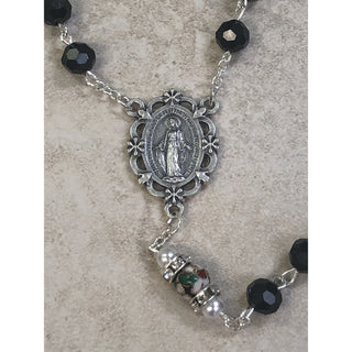 Genuine Crystal Black Bead with Unique Cloisonné Rondelle Our Father Bead with Faux Pearl and Mini Crystals