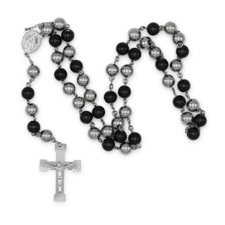 Traditional Rosary Necklace Five Decade Silver Black Catholic Prayer Beads 10 mm