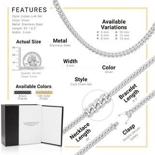 Silver Cuban Link Chain Necklace 30" Bracelet 8.5" Stainless Steel Set For Men