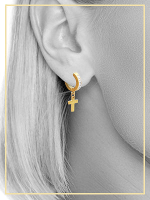 Cubic Zirconia Cross Pendant Huggie Hoops 14K Gold Plated Silver Black Earrings