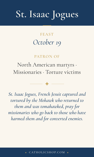 Saint Isaac Jogues holy card  with feast day, patronage, and prayer