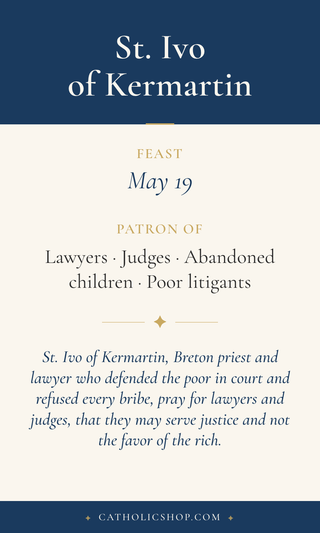 Saint Ivo of Kermartin holy card  with feast day, patronage, and prayer