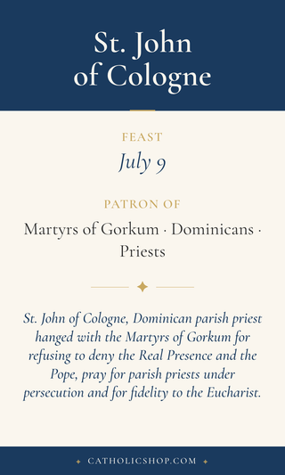 Saint John of Cologne holy card  with feast day, patronage, and prayer