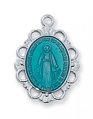 Sterling Silver Blue Miraculous Medal With Chain