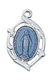 Sterling Silver Miraculous Blue Medal With Chain