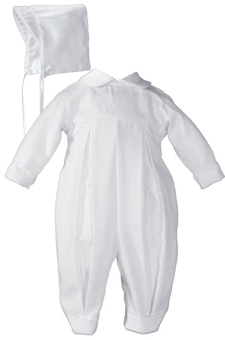 Boys Pleated Christening Baptism Coverall with Embroidered Shamrock Cluster and Hat - SALE - 6 Month