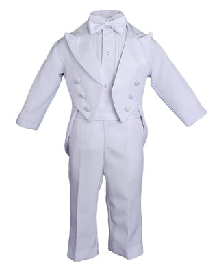 Baby Boys Formal White Poly Cotton 5 Piece Classic Tux Set with Tail - SALE - 18 Months