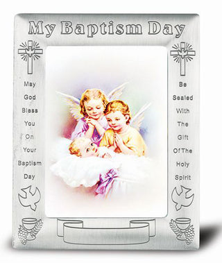 Pewter Finish Baptism Frame with Guardian Angel with Lantern