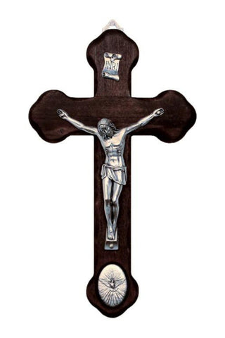 Wood Crucifix with Metal Corpus & Holy Spirit Medallion 8.75"