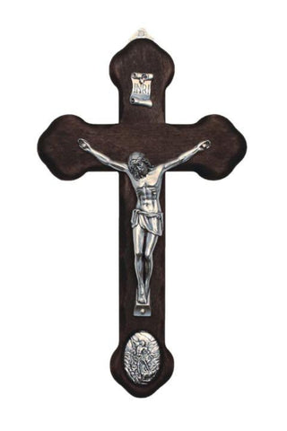 Wood Crucifix with Metal Corpus & Saint Michael Medallion 8.75"
