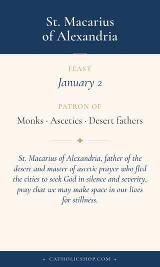 Saint Macarius of Alexandria holy card  with feast day, patronage, and prayer