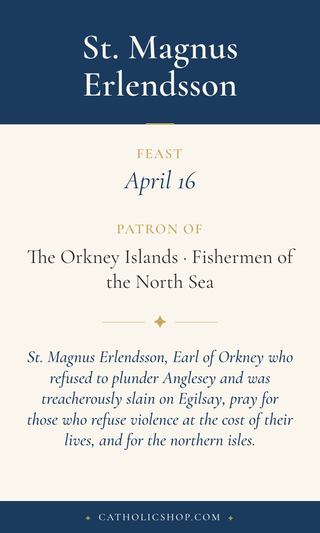 Saint Magnus Erlendsson holy card  with feast day, patronage, and prayer
