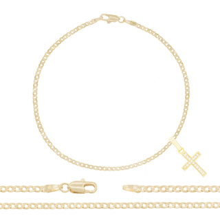 Cross Pendant 14K Gold Filled Cubic Zirconia Anklet 10" Set 2.5 mm Women Jewelry