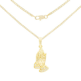 Cubic Zirconia Praying Hands Pendant 14K Gold Filled Necklace Set