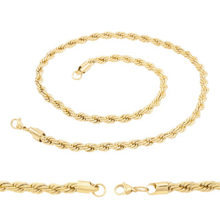 14K Gold Plated Rope Chain Twisted Link Necklace for Men 18" 20" 24" 30" Length | 2 mm - 7 mm Width