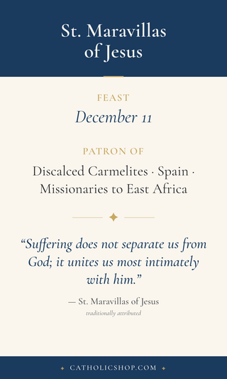 St. Maravillas of Jesus holy card — back with feast day, patronage, and prayer