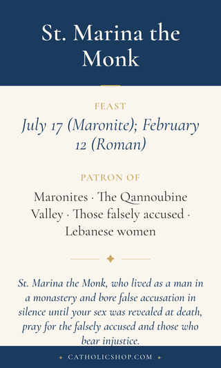 Saint Marina the Monk holy card  with feast day, patronage, and prayer