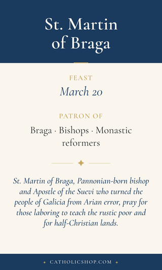 Saint Martin of Braga holy card  with feast day, patronage, and prayer