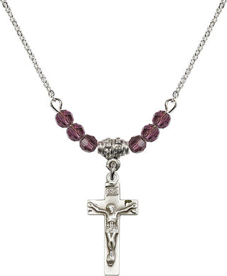 18" Rhodium Plated Necklace with 4mm Amethyst Crystal Beads featuring a Sterling Silver Crucifix Medal.