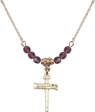 18" Hamilton Gold Plated Necklace with 4mm Amethyst Crystal Beads featuring a 14kt Gold Filled Nail Cross Medal.