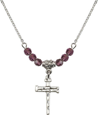 18" Rhodium Plated Necklace with 4mm Amethyst Crystal Beads featuring a Sterling Silver Nail Cross Medal.