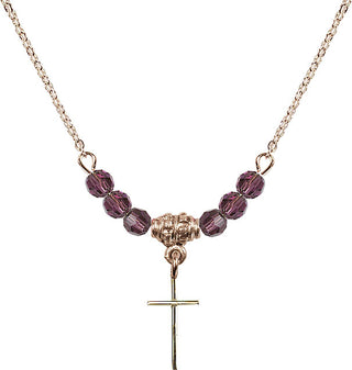 18" Hamilton Gold Plated Necklace with 4mm Amethyst Crystal Beads featuring a 14kt Gold Filled Cross Medal.