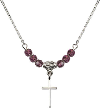 18" Rhodium Plated Necklace with 4mm Amethyst Crystal Beads featuring a Sterling Silver Cross Medal.
