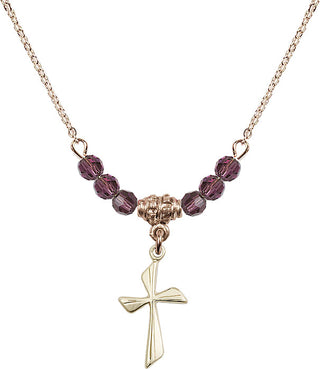18" Hamilton Gold Plated Necklace with 4mm Amethyst Crystal Beads featuring a 14kt Gold Filled Cross Medal.