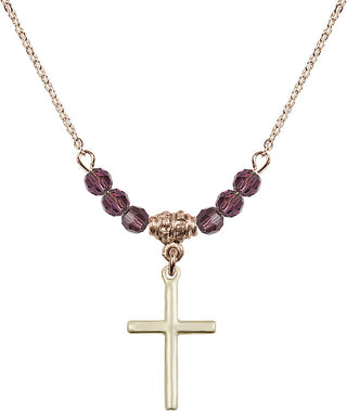 18" Hamilton Gold Plated Necklace with 4mm Amethyst Crystal Beads featuring a 14kt Gold Filled Cross Medal.
