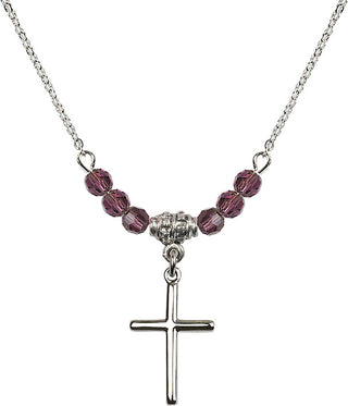18" Rhodium Plated Necklace with 4mm Amethyst Crystal Beads featuring a Sterling Silver Cross Medal.