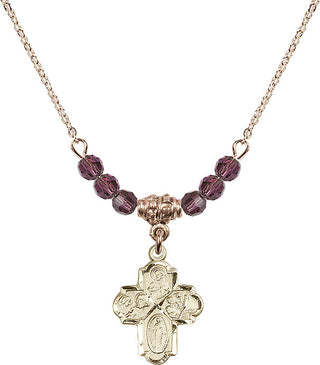18" Hamilton Gold Plated Necklace with 4mm Amethyst Crystal Beads featuring a 14kt Gold Filled 4-Way Medal.