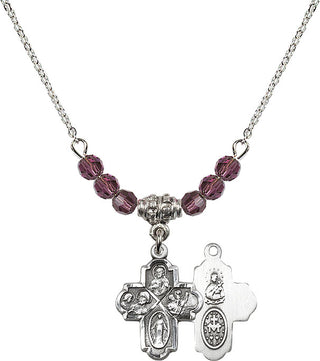 18" Rhodium Plated Necklace with 4mm Amethyst Crystal Beads featuring a Sterling Silver 4-Way Medal.
