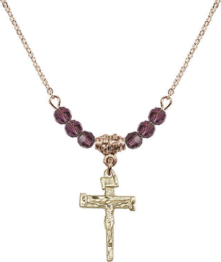 18" Hamilton Gold Plated Necklace with 4mm Amethyst Crystal Beads featuring a 14kt Gold Filled Nail Crucifix Medal.