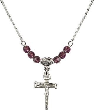 18" Rhodium Plated Necklace with 4mm Amethyst Crystal Beads featuring a Sterling Silver Nail Crucifix Medal.