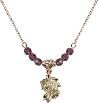 18" Hamilton Gold Plated Necklace with 4mm Amethyst Crystal Beads featuring a 14kt Gold Filled Rose Medal.
