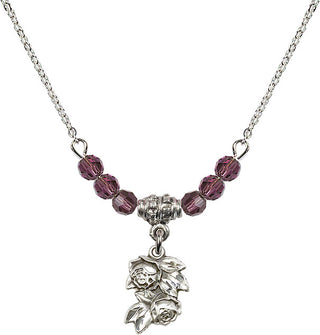 18" Rhodium Plated Necklace with 4mm Amethyst Crystal Beads featuring a Sterling Silver Rose Medal.