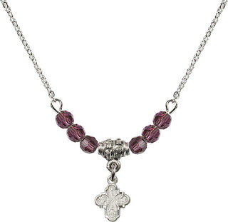 18" Rhodium Plated Necklace with 4mm Amethyst Crystal Beads featuring a Sterling Silver 4-Way Medal.