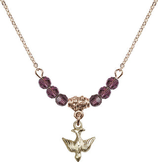 18" Hamilton Gold Plated Necklace with 4mm Amethyst Crystal Beads featuring a 14kt Gold Filled Holy Spirit Medal.